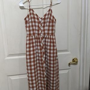 A New Day Dress Midi Sleeveless Pockets Linen Blend Gingham Plaid Brown White XS